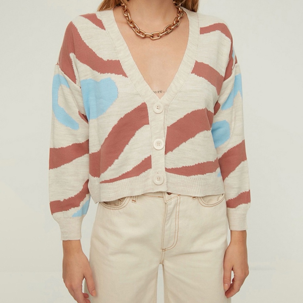 Vintage Y2K Hollister Multicolor Abstract Earthy Cropped Sweater Cardigan Size S